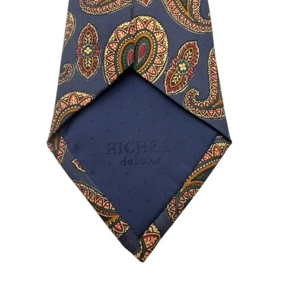 Vintage Richel de Luxe Mens Paisley Silk Tie Blue Red Gold Hand Made in Spain‎